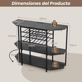 Garrafeira Armário para vinhos Estante de 3 níveis para vinhos com suportes para copos Tomadas eléctricas Estante para vinhos de bar 120 x 40 x 92 cm