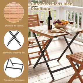 Mesa auxiliar jardim dobrável quadrada em madeira de acácia 70 x 70 x 73 cm com tampo de ripas e travessas reforçadas, portátil para pátio, terraço ou