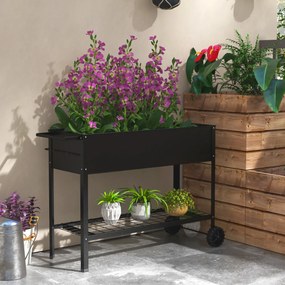 Floreira com pés para horta, 109 x 39 x 80 cm, prateleira, 2 rodas + sistema de rega em metal preto