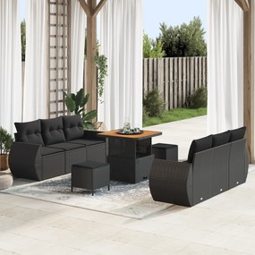Conjunto de Sofá de Jardim de 9 Peças com Almofadas Preto Rattan Polié