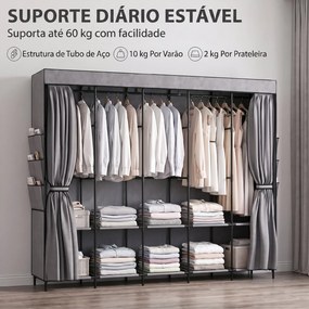 Roupeiro de Tecido com 5 Varões 5 Prateleiras 6 Bolsos Laterais Fecho de Correr Estrutura em Aço 212x45x167 cm Cinza