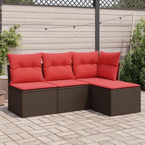 vidaXL 4 pcs conjunto sofás de jardim c/ almofadões vime PE castanho