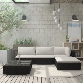 vidaXL 5 pcs conjunto lounge de jardim c/ almofadões vime PE preto