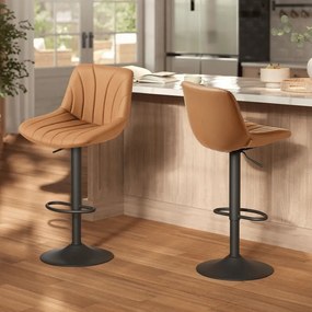 Conjunto 2 bancos bar com encosto e assento giratório 46,5 x 43 x (88-108) cm em couro sintético PU castanho caramelo
