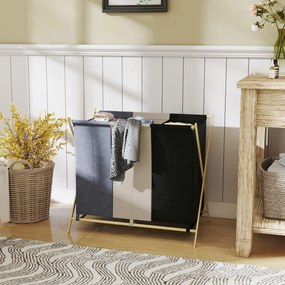 Cesto para Roupa Suja Dobrável com 3 Compartimentos Capacidade 129L com Estrutura de Bambu e Sacos Removíveis Multicolor