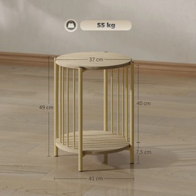 Mesa Lateral Redonda de 2 Níveis com Prateleira de Armazenamento e Estrutura de Aço para Sala e Quarto Ø41x49 cm Madeira