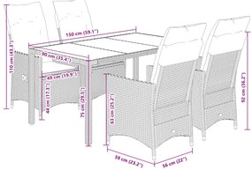 5 pcs conjunto de jantar p/ jardim c/ almofadões vime PE cinza