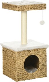 PawHut Árvore para gatos 2 níveis com 1 toca 1 poste em sisal 1 plataforma de observação e 1 pompom suspenso jacinto-de-água | Aosom Portugal