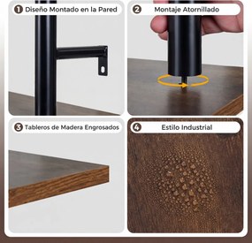 Prateleiras suspensos de parede com luzes 80,5 x 24 x 97 cm, controlo remoto via app, em tubos industriais, 3 níveis, com 4 ganchos em forma de S, Cas
