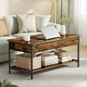 Mesa de centro com altura ajustável, 50 × 100 cm, com compartimento, castanho vintage e Preto