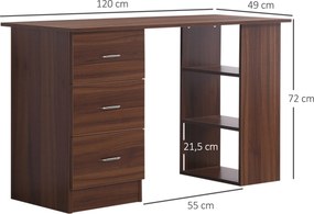Secretária de computador com 3 gavetas e 3 prateleiras abertas, 120 x 49 x 72 cm, secretária com arrumação reversível, estilo moderno, secretária de c
