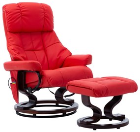vidaXL Poltrona reclin. massagens couro artif./madeira curva vermelho