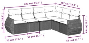6 pcs conjunto de sofás p/ jardim com almofadões vime PE bege
