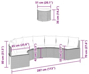 Sofá de jardim com mesa e almofadões semicircular vime PE preto