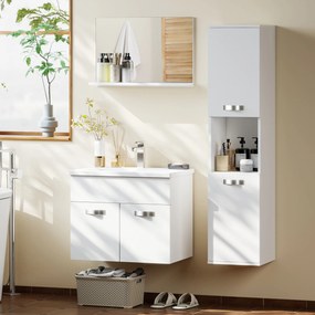 Conjunto de móveis de casa de banho de 4 peças, de parede, com espelho, móvel de lavatório, lavatório e armário alto, branco