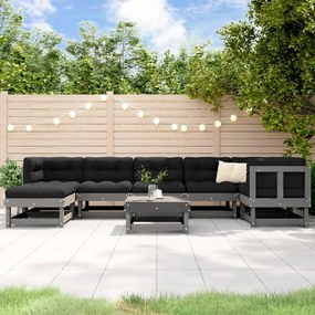 8 pcs conjunto lounge jardim c/ almofadões madeira maciça cinza