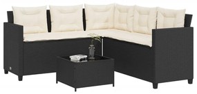 Sofá de jardim em forma de L c/ mesa e almofadões vime PE preto
