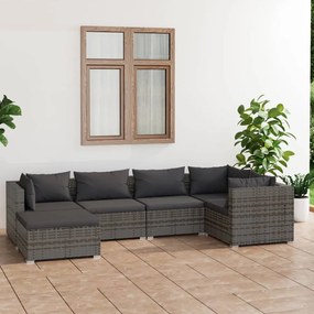 6 pcs conjunto lounge de jardim c/ almofadões vime PE cinzento