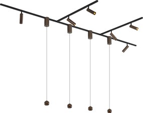 Sistema de calhas de iluminação moderno com 6 focos e 4 candeeiros suspensos Easylift bronze escuro monofásico - Slimline Uzzy Tira