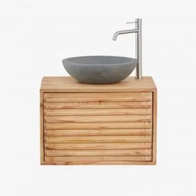 Conjunto De Móvel De Casa De Banho Suspenso Em Madeira Deleyna Madeira Natural & Cimento Cinzento Redondo Ø40 Cm Tarsis & Sem Espelho - Sklum
