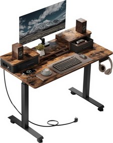 Secretária elétrica alta ajustável em altura, 120 x 60 x (72-120) cm, com suporte para monitor e estação de carregamento castanha