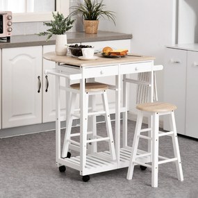 Conjunto de Mesa de Bar Dobrável com 2 Bancos, 83 x 74 x 83 cm, Com Rodas, Branco e Carvalho Claro