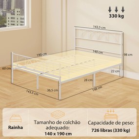 Cama de Casal com Cabeceira de Ripas de Aço (COLCHÃO NÃO INCLUIDO)  e Espaço de Arrumação Debaixo da Cama Carga 330 kg 141,5x198x98 cm Branca