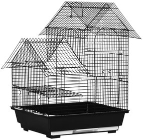 PawHut Gaiola para Pássaros 39x33x47cm com 3 Portas 2 Comedouros 2 Poleiros Baloiço Bandeja Amovível e Alça de Transporte Preto