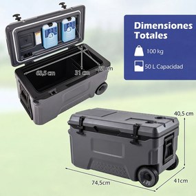 Geleira Portátil com Rodas, 74,5 x 41 x 40,5 cm, Capacidade de 50 L, Cinzento