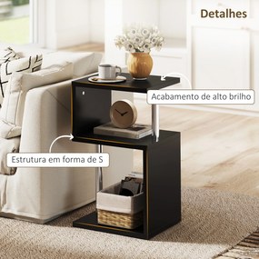 Mesa Auxiliar com Luz LED 3 Níveis Forma de S Prateleiras Abertas e Estrutura em Alumínio 44x38x75 cm Preto Brilhante