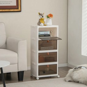 Sapateira dobrável ​​de 4 prateleiras com portas magnéticas transparentes e rodas universais com travão Cor: Branco + Castanho