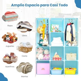 Estante modular portátil para guarda-roupa infantil com 12 cubos com 2 seções suspensas para brinquedos, sapatos, roupas, 107 x 36 x 142 cm, azul