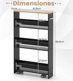 Carrinho de cozinha estreito 47,5 x 20 x 80,5 cm de 4 níveis com rodas com pega e estantes abertas para espaços pequenos Preto