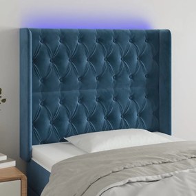 Cabeceira cama c/ luzes LED veludo 93x16x118/128 cm azul-escuro