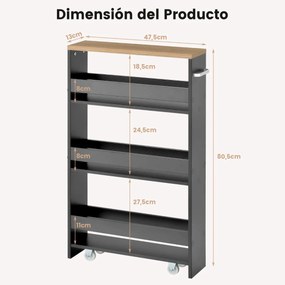 Carrinho de cozinha de arrumação estreito com 4 Estantes Rodas Organizador Móvel Economizador de Espaço para a Casa de Banho 48 x 13 x 81 cm Cinzento