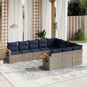 10 pcs conjunto sofás p/ jardim c/ almofadões vime PE cinzento