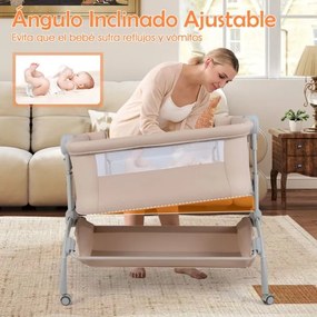 Berço 2 em 1 para bebés com altura ajustável, 4 rodas, rede mosquiteira e cesto de arrumação para bebés dos 0 aos 6 meses, 95 x 65 x 70-82 cm, bege