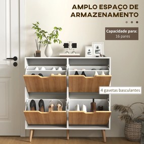 Sapateira para 16 Pares de Sapatos com 4 Gavetas e Prateleiras Ajustáveis 95x26x95 cm Branco e Madeira