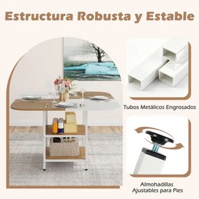 Mesa de jantar moderna quadrada 120 x 120 x 77 cm com tampo multicolorido e prateleira de 2 níveis, pernas ajustáveis em café e branco
