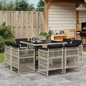 vidaXL 9 pcs conjunto de jantar p/ jardim c/ almofadões cinzento claro