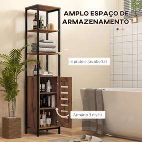 Coluna Casa de Banho Armário Alto Casa de Banho Estreito com Porta de Ripas Prateleiras Ajustáveis 37x30x167 cm Castanho Rústico