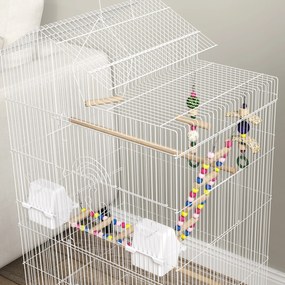 Gaiola para Passáros de Metal com Portas 4 Comedouros 3 Poleiros Baloiço Escadas e Bandeja Removível  46x36x100 cm Branco