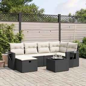 7 pcs conjunto de sofás p/ jardim c/ almofadões vime PE preto