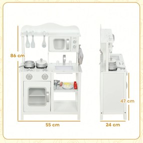 Cozinha de Brincar em Madeira com Som Acessórios Lava-Loiças Micro-Ondas e Fogão 55x24x86 cm Branco