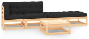 5 pcs conjunto lounge de jardim c/ almofadões pinho maciço