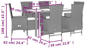 7 pcs conjunto de jantar p/ jardim com almofadões vime PE bege