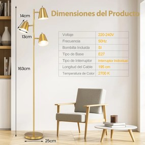 Candeeiro de pé em forma de árvore com 3 lâmpadas e abajures ajustáveis Mastro de metal e base pesada Dourado