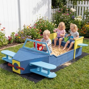 Caixa de areia infantil em madeira de abeto 166,5 x 140,5 x 50 cm, em forma de planador, com banco, assento, base aberta e forro inferior, para crianç