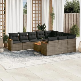 11 pcs conjunto sofás de jardim c/ almofadões vime PE cinzento