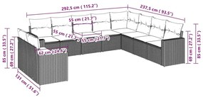 10 pcs conj. sofás jardim com almofadões vime PE cinzento-claro